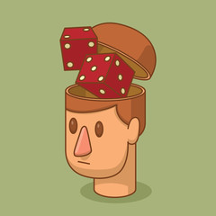 Vector cartoon image of the head of man with brown hair and with an open braincase from which appears a pair of red dice on a green background. Excitement, casino. Vector illustration.