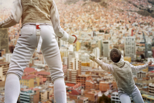 Fencers above the roofs of the city