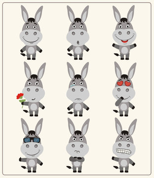 Vector set isolated emotion donkey. Collection cute donkey in cartoon style.