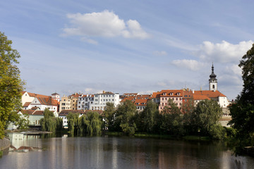 Fototapeta na wymiar Colorful royal medieval Town Pisek above the river Otava, Czech Republic 