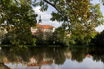 Fototapeta premium Colorful royal medieval Town Pisek above the river Otava, Czech Republic 