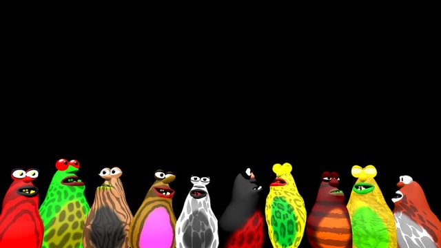 Lower Thirds Cartoon Blobs. A small group of clourful blobs bob, sway, jump and chatter at the bottom of the scene. A 3D animated cartoon to add some unusual aspect to your presentation, web-site etc.
