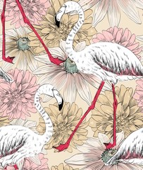 Fototapeta premium Vector sketch of a flamingo with flowers. Hand drawn illustration