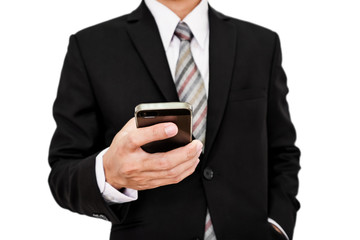 Businessman using smartphone, on white background