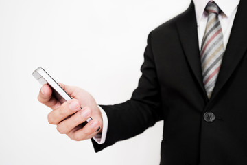 Businessman using smartphone, on white background