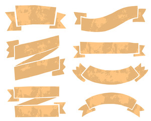 Vector image of a set of old dirty orange banners of various shapes on a white background. Vintage paper ribbon banner. Vector illustration.
