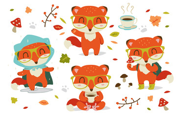 vector autumn fox set