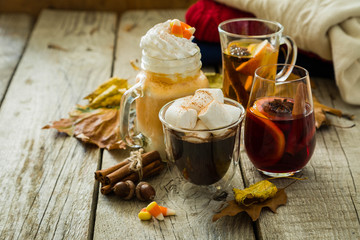 Selection of autumn drinks on wood background