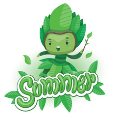 Vector green emblem with leaves and with cartoon image of a cute fairy of summer in green dress and green leafy hat, with a magic wand in her hand on a white background. Seasons. Inscription 