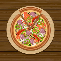 Pizza on a wooden table