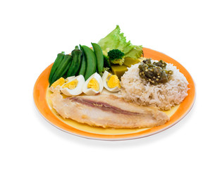 Fish steak ,boil egg ,vegetable and chili sauce with rice on isolated white background, clean food good for you health.
