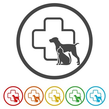 Dog and cat silhouette circle veterinarian pet clinic icon, vector illustration