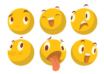 Vector cartoon image of a set of six various yellow emoticons expressing different feelings on a white background. Smiley face icons. Emoji. Vector illustration.