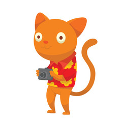 Vector cartoon image of a cute ginger cat-tourist in red shirt with yellow flowers and with a black camera in his paws standing on a white background. Vector illustration of a cat-traveler.