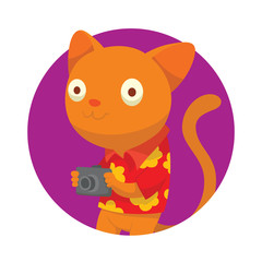 Vector round purple frame with cartoon image of a cute ginger cat-tourist in red shirt with yellow flowers and with a black camera in his paws standing in the center on a white background. Traveler.