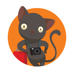 Vector round orange frame with cartoon image of a cute black cat-tourist with a black camera around his neck and with a big red suitcase near him standing in the center on a white background. Traveler