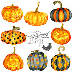 Watercolor Halloween set. Hand drawn holiday illustrations isolated on white background: natural and decorative pumpkins with spider web. Artistic autumn decor clip art