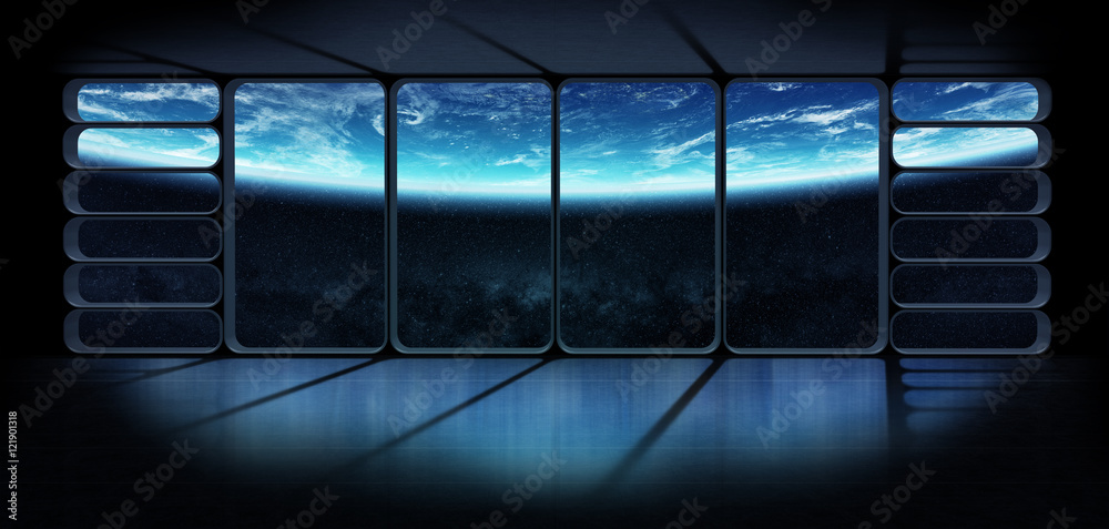 Leinwandbilder view of the planet earth from a huge spaceship window 3d renderi