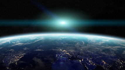 Sunrise over planet Earth in space 3D rendering elements of this