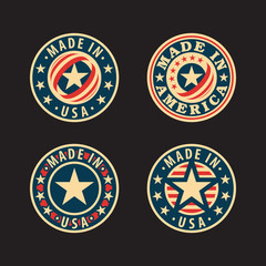 Made in USA (America) – set of round labels, badges, stickers. Isolated on black.