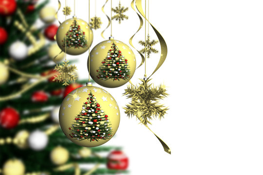 Natale. Addobbo natalizio e abete decorato con sfondo bianco.