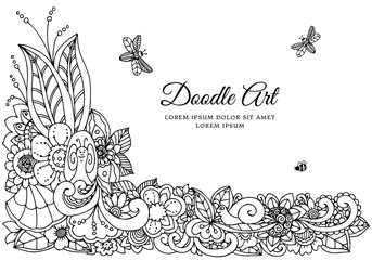Vector illustration , floral frame. Doodle drawing. Coloring book anti stress for adults. Meditative exercises. Black white.