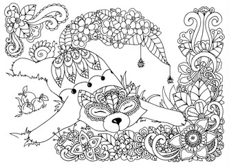 Vector illustration , Fox, in the flowers. Doodle drawing mushrooms. Coloring book anti stress for adults. Black white.