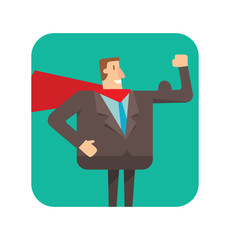 Vector square green frame with cartoon image of a square businessman with brown hair in black suit, red cloak standing and showing his biceps in the center on a white background. Geometric businessman