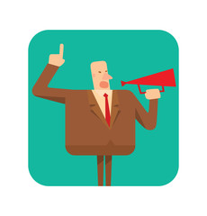 Vector square green frame with cartoon image of a square bald businessman in a brown suit standing with a red megaphone in his hand in the center on a white background. Geometric businessman.