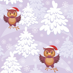 Christmas seamless pattern with the image of a fairytale winter forest and owl in Santa Claus's cap