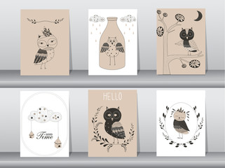 Set of cute animals poster,template,cards,owls,Vector illustrations 