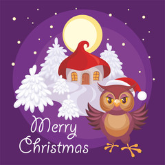 Merry Christmas greeting card with the image of a fairytale winter forest, small house and owl in Santa Claus's cap