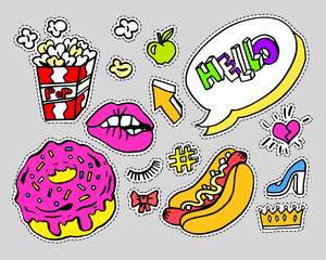 Fashion modern doodle cartoon patch badges or stikers with speach bubbles