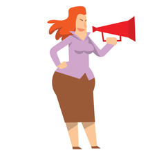 Vector cartoon image of a rounded business woman with red hair in a lilac blouse and brown skirt with a red megaphone in hand on a white background. Vector illustration of geometric business woman.