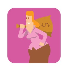Vector square pink frame with cartoon image of a rounded business woman with ginger hair with a bag of money in the center on a white background. Vector illustration of geometric business woman.