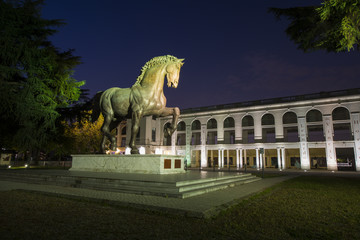 Leonardo da Vinci Horse statue in Milan, Italy. The world's largest equestrian statue. Night view.