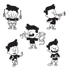 Vector cartoon set of cute little boys: with a drum, a horn and toys in hands and with an ominous expression and with disgust on faces standing on a white background. Made in a monochrome style.