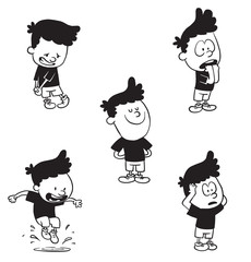 Vector cartoon set of cute little boys: jumping on a puddle and with astonished, frightened, satisfied and with a guilty expression on faces standing on a white background. Made in a monochrome style.