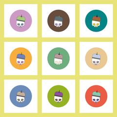 flat icons Halloween set of skull and crown concept on colorful circles