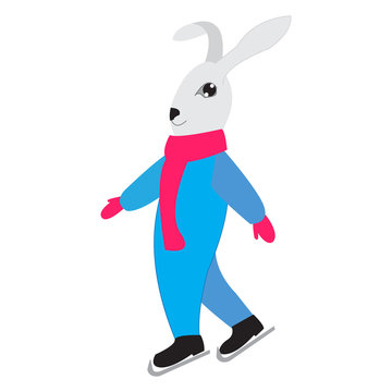 Bunny ice-skating, skater skating, vector illustration