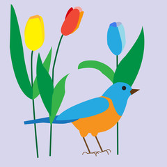 decorative bird among the delicate tulips, poster, greeting card