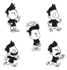 Vector cartoon set of cute little boys: running and laughing, walking, running angry, standing thoughtful and with a halo over his head on a white background. Made in a monochrome style.