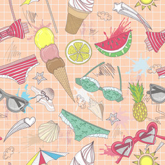 Cute summer abstract pattern. Seamless pattern with swimsuits, s