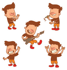 Vector cartoon set of cute little boys: with hands raised, with a guitar, waving his hand, going to fight with someone, drawing a little man on a white background. Color image with a brown tracings.