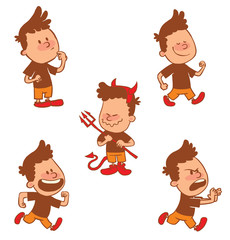 Vector cartoon set of cute little boys: running and laughing, walking, running angry, standing thoughtful and with a trident in hands on a white background. Color image with a brown tracings.