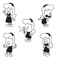 Vector cartoon set of cute little girls: admiring at something, dancing and smiling, screaming on someone, blowing bubbles and pointing finger up on a white background. Made in a monochrome style.