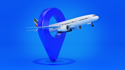 Airline travel concept. Airport pointer. Airplane and pin isolated on white. 3d rendering