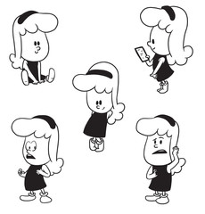 Vector cartoon set of cute little girls: standing and looking back, with a smartphone, standing modestly, sitting and smiling and sorry about something on white background. Made in a monochrome style.