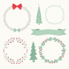  Christmas Elements, Wreath, Trees and Holidays symbols. Vectors illustration
