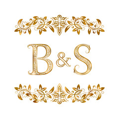 B&S vintage initials logo symbol. Letters B, S, ampersand surrounded floral ornament. Wedding or business partners initials monogram in royal style.